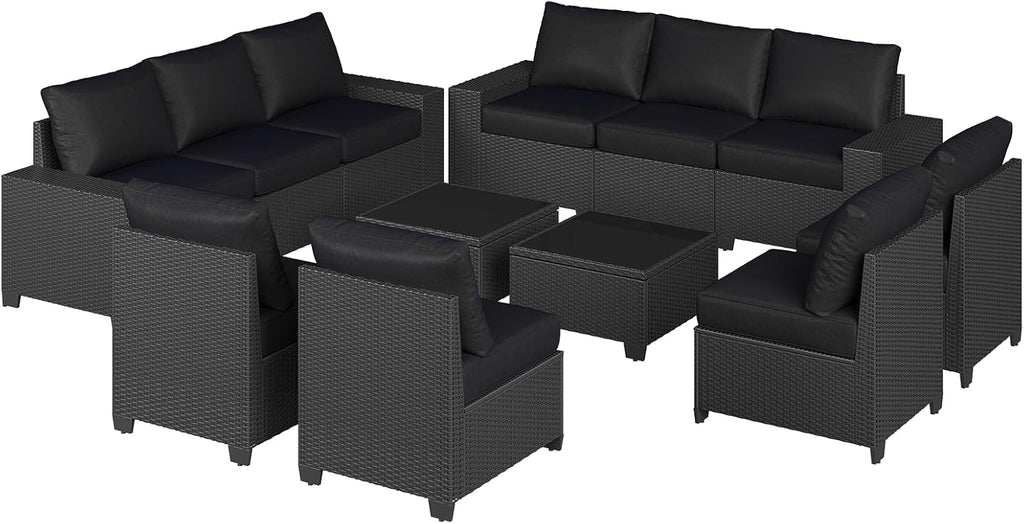 Aoxun Patio Furniture Set, 12 Pcs Outdoor Patio Furniture Sets with 4 in Thicken Cushion and Coffee Table, Widen Armrests Wicker Outdoor Sectional for Backyard & Garden, Black