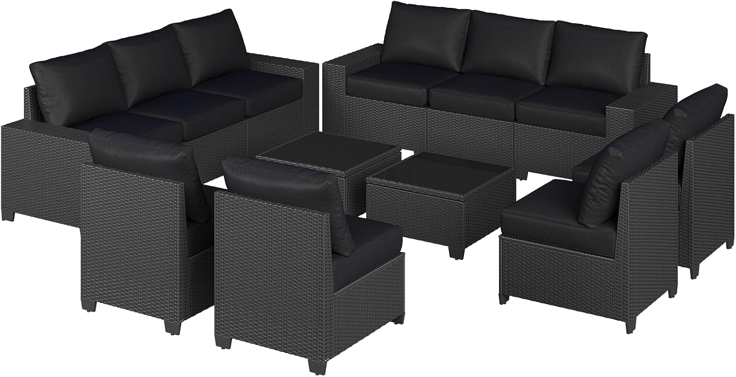 Aoxun Patio Furniture Set, 12 Pcs Outdoor Patio Furniture Sets with 4 in Thicken Cushion and Coffee Table, Widen Armrests Wicker Outdoor Sectional for Backyard & Garden, Black