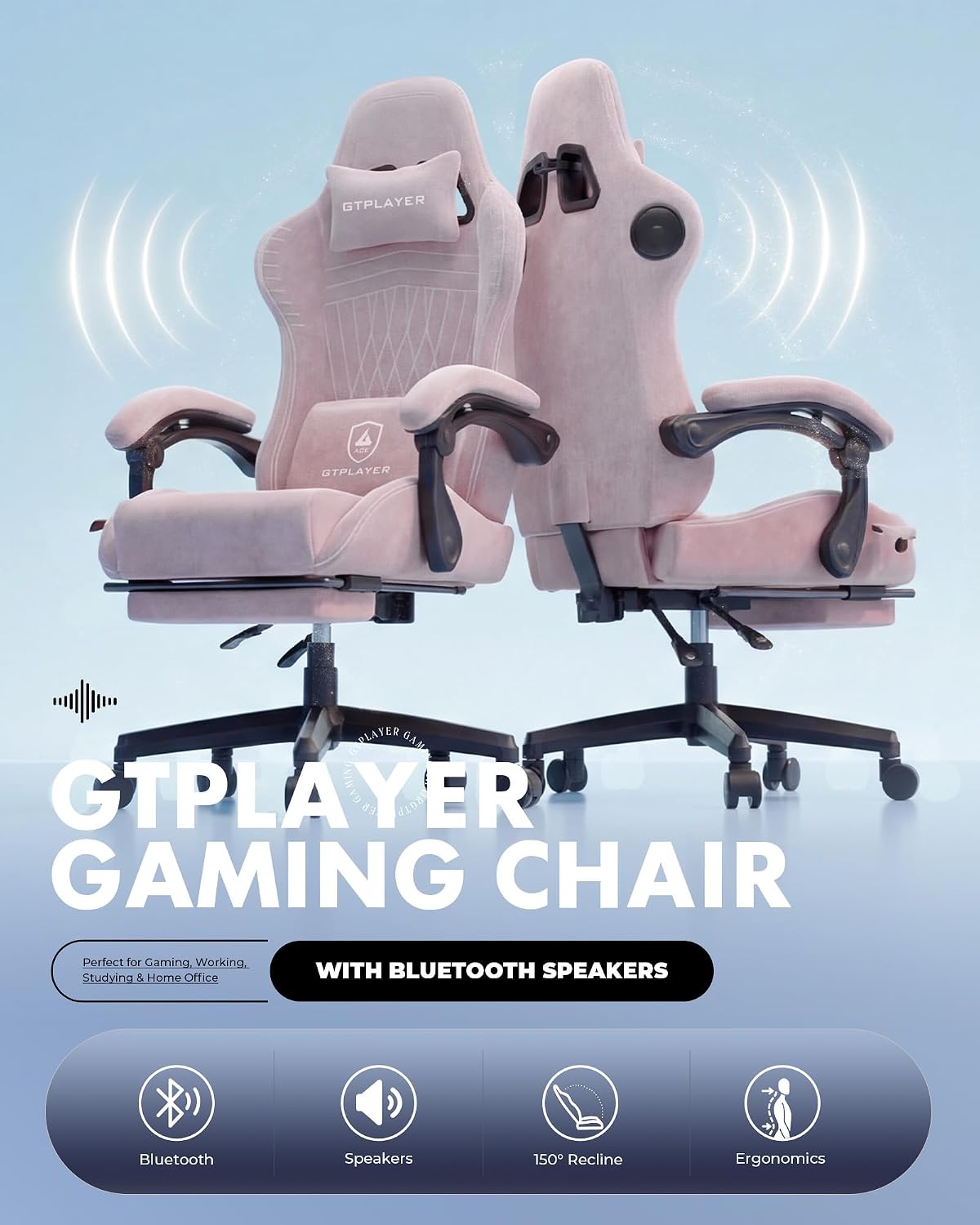 GTPLAYER Gaming Chair for Adults, Ergonomic Video Game Chairs, Footrest & Linkage Armrest, Reclining High Back Silla Gamer with Speakers for Home Office, Ace Pro, Pink(Velvet)