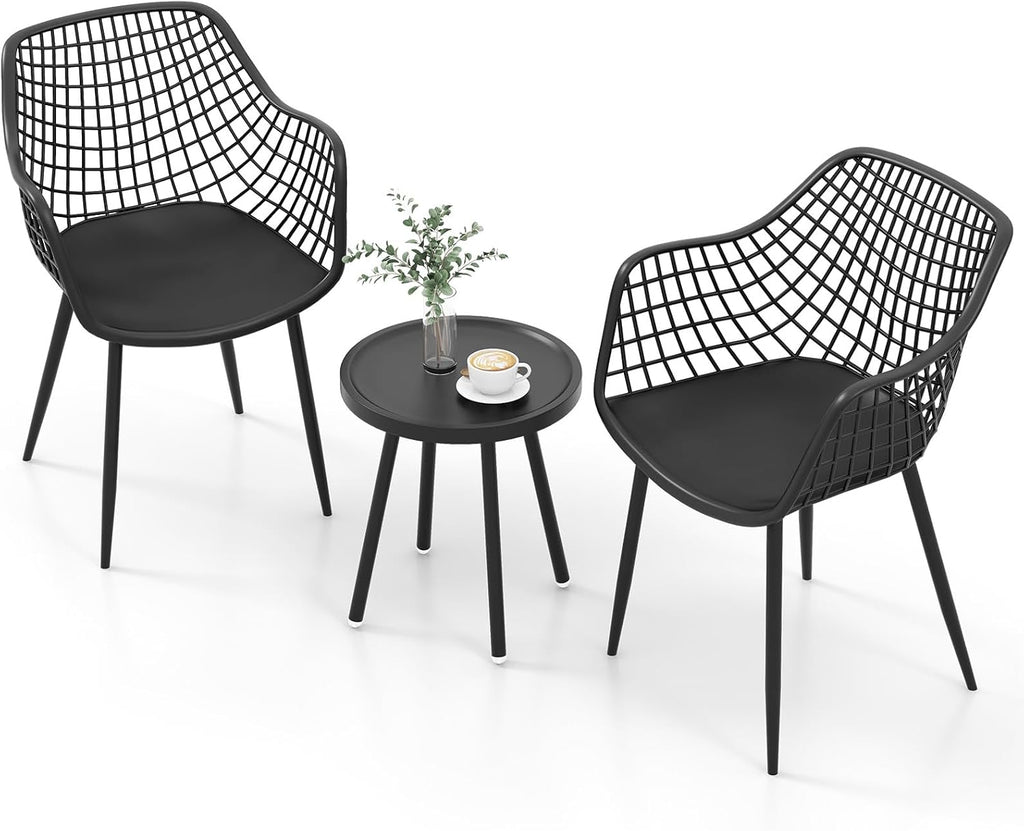 Giantex 3 Piece Patio Furniture Set, Outdoor Bistro Table and Chairs Set of 2, PP Seat & Metal Legs, Small Conversation Set for Balcony Front Porch Deck Backyard Lawn (Black)