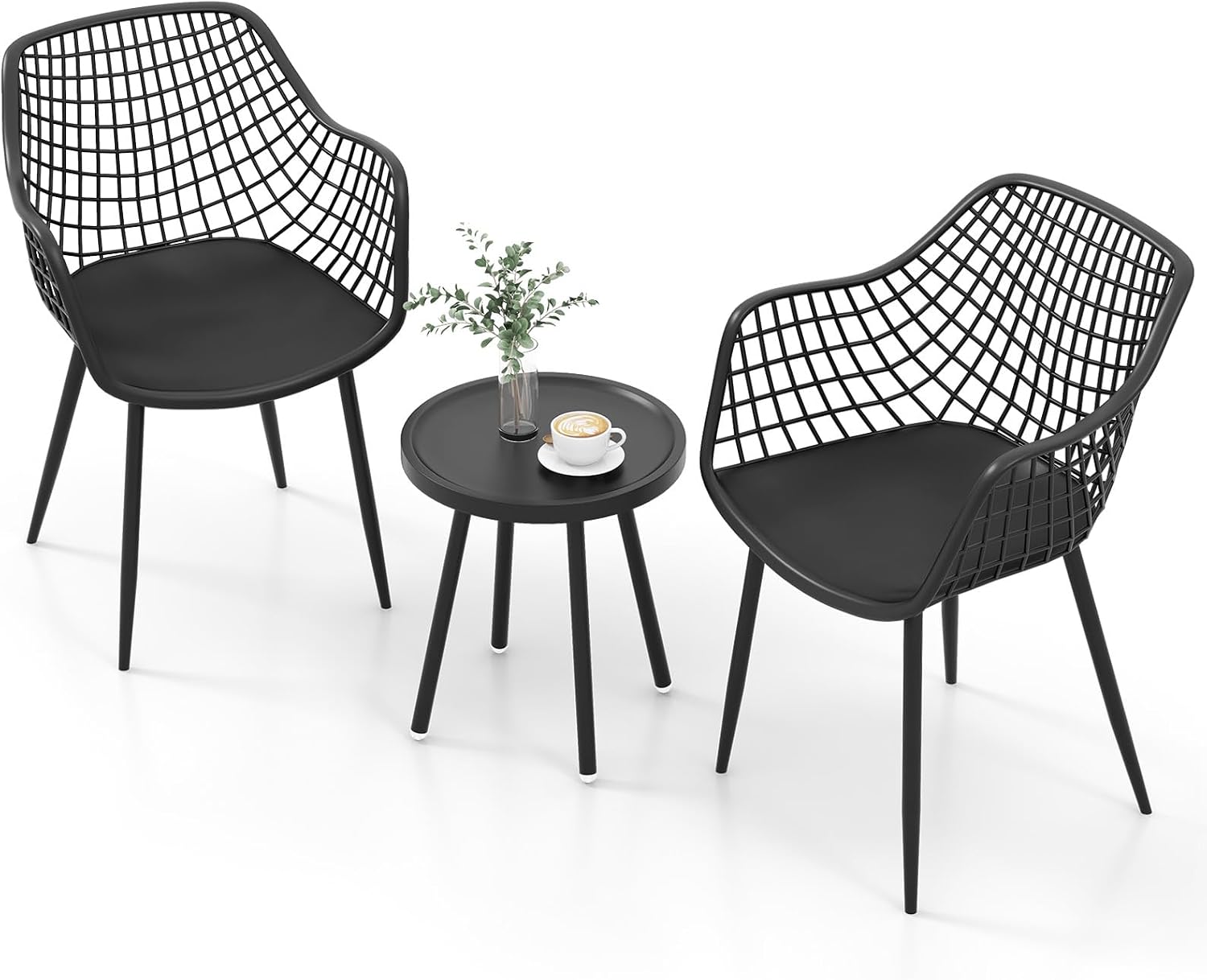 Giantex 3 Piece Patio Furniture Set, Outdoor Bistro Table and Chairs Set of 2, PP Seat & Metal Legs, Small Conversation Set for Balcony Front Porch Deck Backyard Lawn (Black)