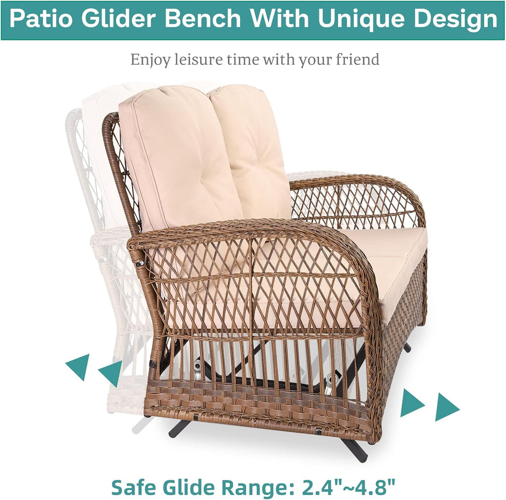 MEETWARM 4 Pieces Outdoor Wicker Patio Conversation Sets with Glider Loveseat, 2 Chairs with Glass-Top Coffee Table Wicker Rocking Glider Set, Wicker Conversation Set with Thickened Cushions