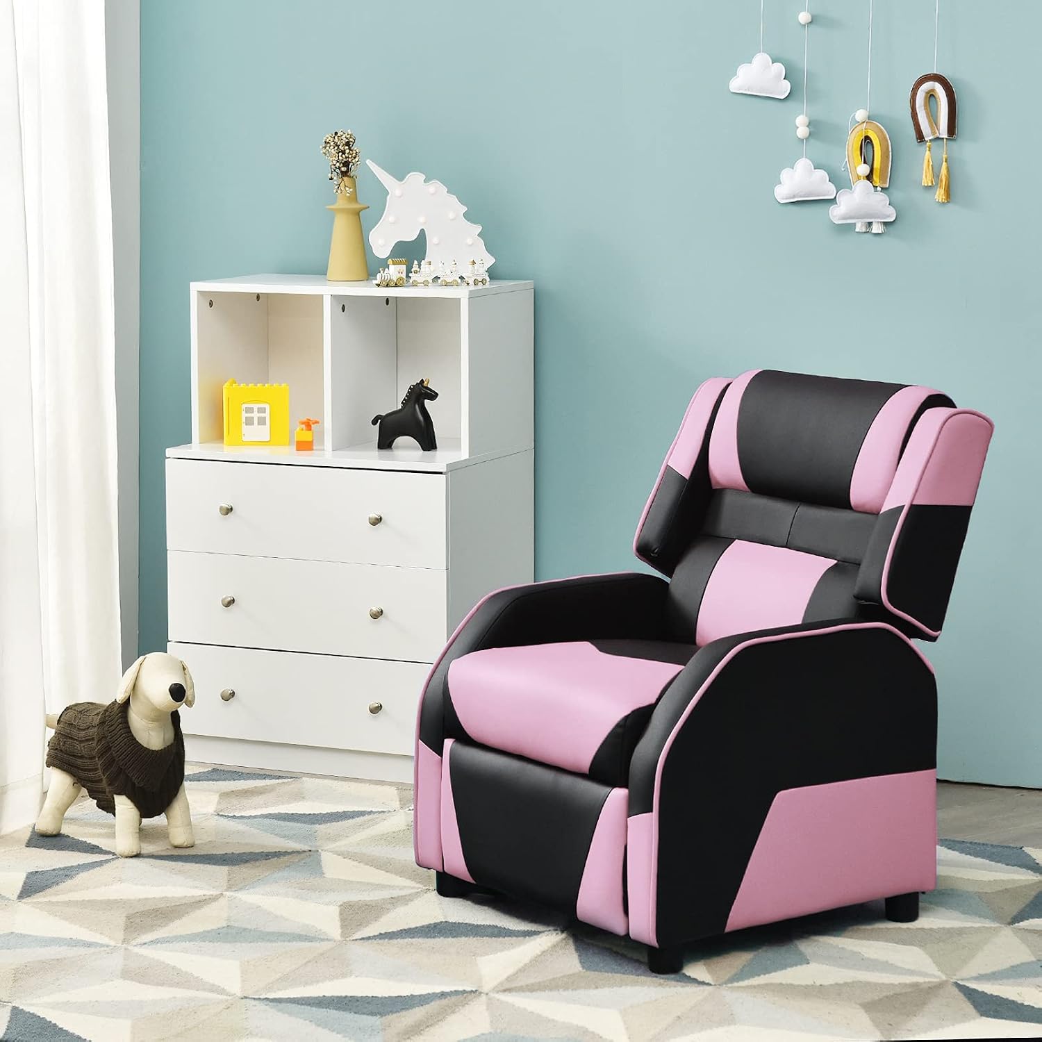 Giantex Kids Recliner, Gaming Recliner Chair with Footrest, Headrest & Lumbar Support, Ergonomic Leather Lounge Chair Toddler Furniture, Adjustable Racing Style Recliner Sofa for Boys Girls, Pink