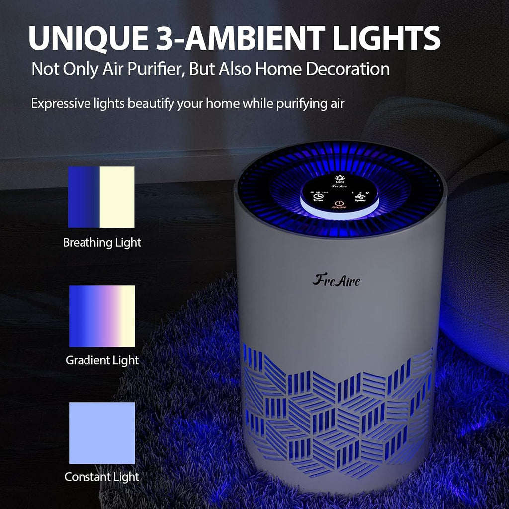 FreAire Air Purifiers for Bedroom, Air Purifiers for Home with Ambient Lights, Air Cleaner for Smoke Dust Pollen and Pet Dander for Home/Pets/Bedroom