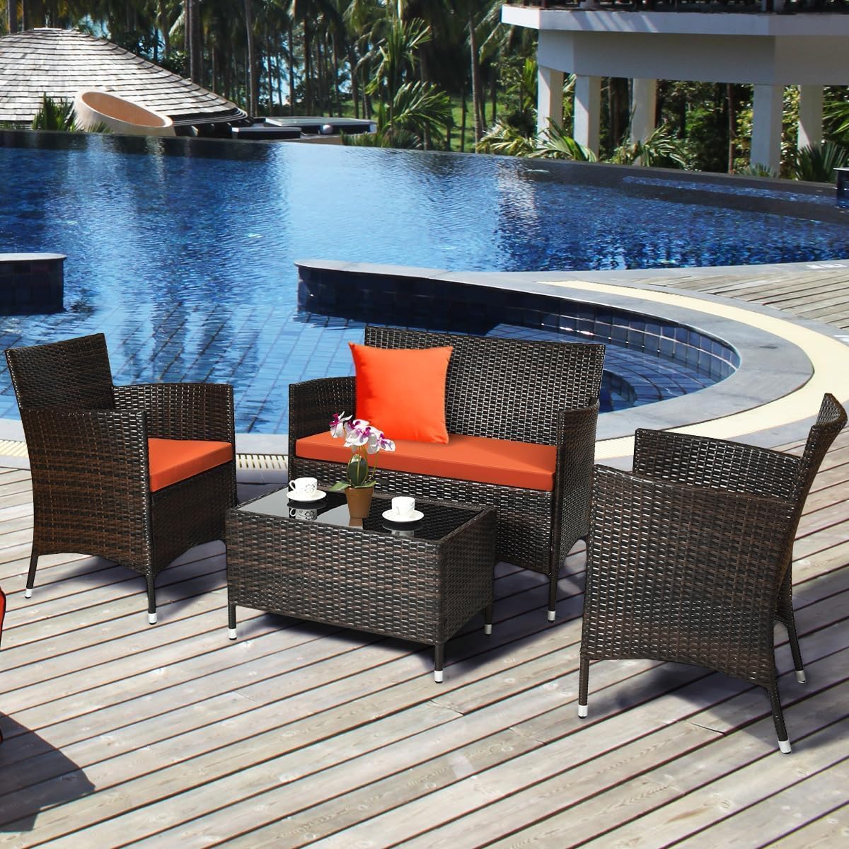 HOMGX 4 Piece Rattan Patio Furniture Set, Sectional Sofa Chair, Wicker Set with Tempered Glass Coffee Table & Thick Cushions, Wicker Patio Set for Garden, Lawn, Poolside, Backyard (Orange)