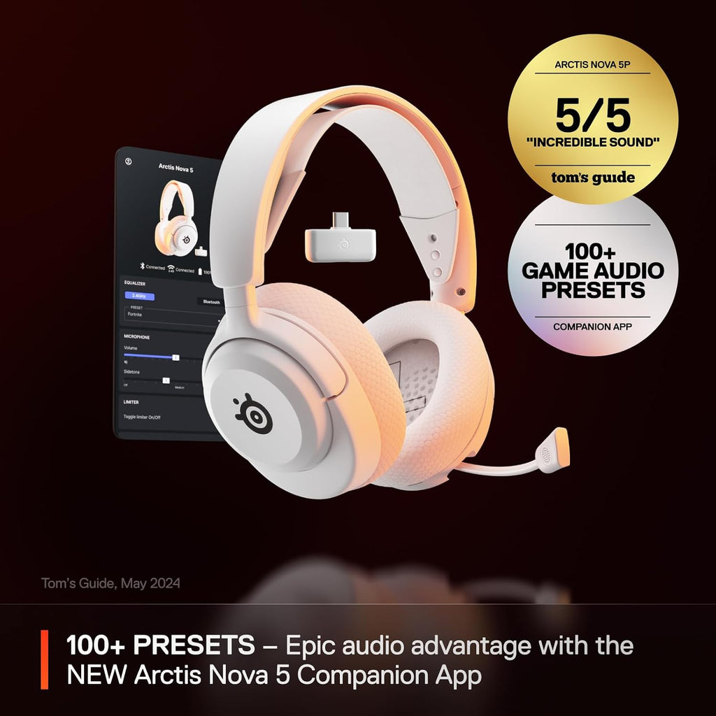 SteelSeries Arctis Nova 5 Wireless Multi-System Gaming Headset — White — Neodymium Magnetic Drivers — 100+ Audio Presets — 60 HR Battery — 2.4GHz or BT — Gen2.X Mic — PC, PS5, PS4, Switch, Mobile