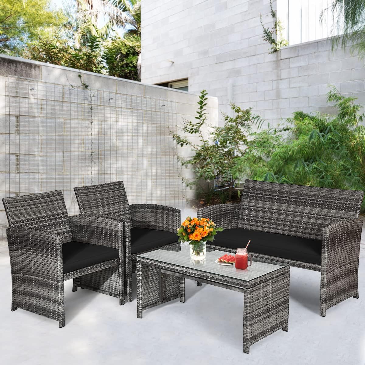 COSTWAY Patio Furniture Set 4 Pieces, Outdoor Wicker Chairs Sofa w/Coffee Table and Soft Cushions, Rattan Conversation Sets for Patio Lawn Backyard Yard Pool Garden, Black