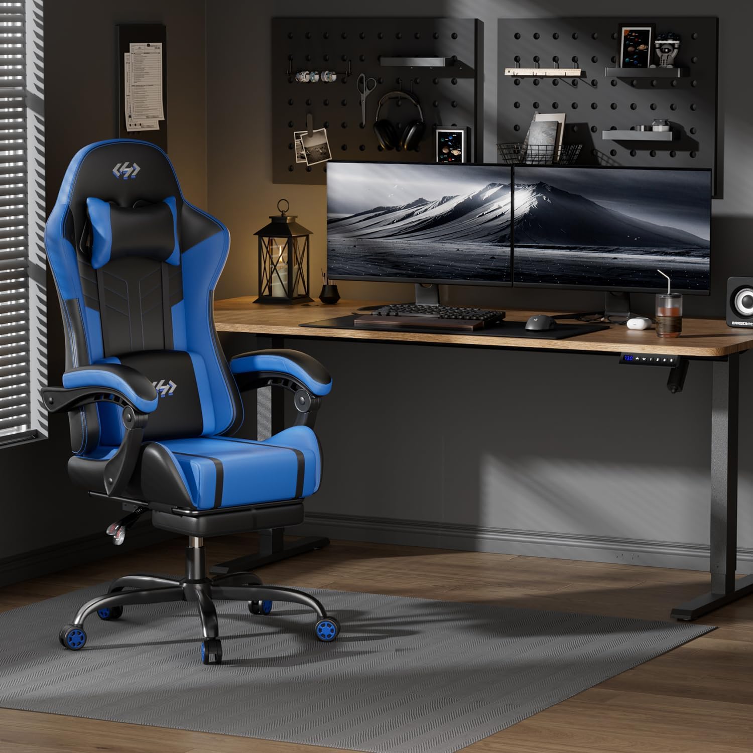 HLDIRECT Gaming Chair, Ergonomic Video Game Seat with 360° Swivel & Lumbar Massage, Computer Chair PU Leather Cushion for Adults Home/Office Use (Black & Blue)