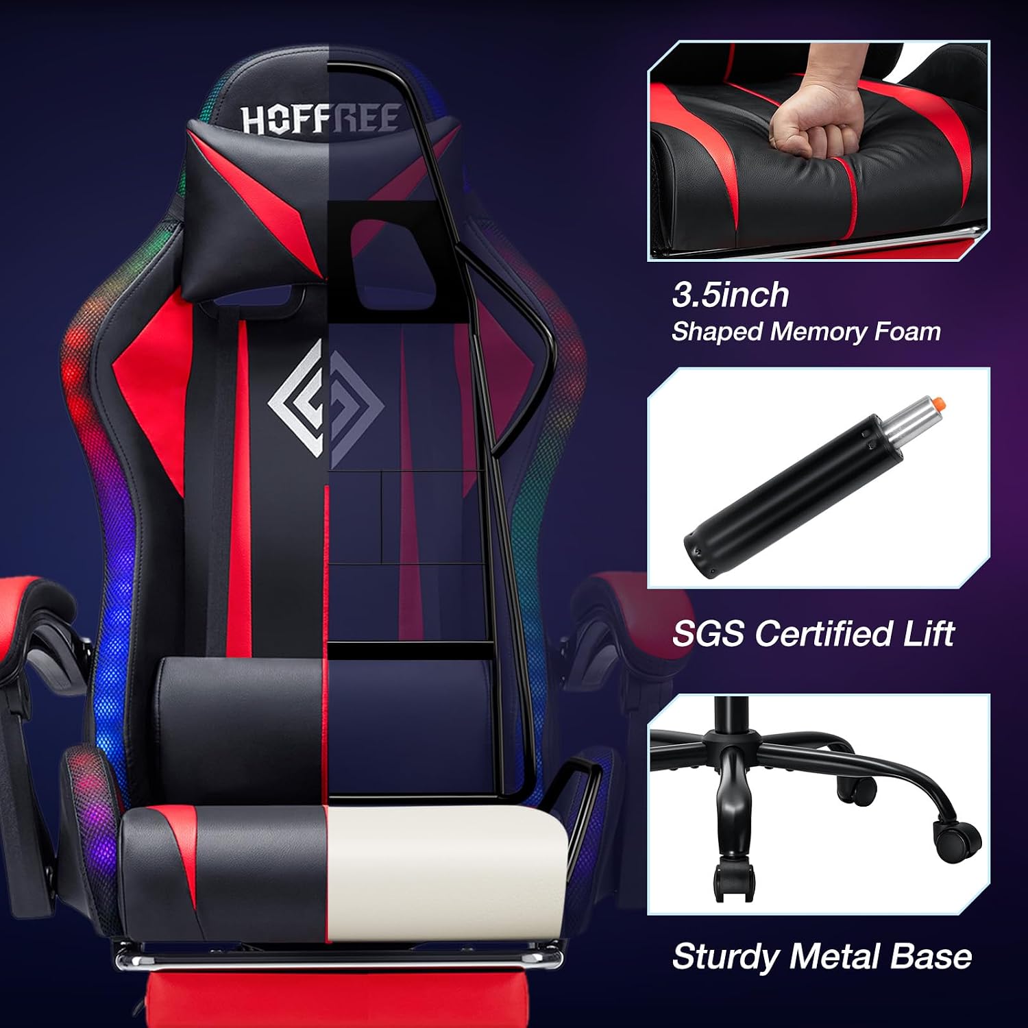 HOFFREE Gaming Chair Massage with LED RGB Lights and Footrest Ergonomic Computer Chair High Back Video Game Chair with Adjustable Lumbar Support Linkage Armrest Red and Black
