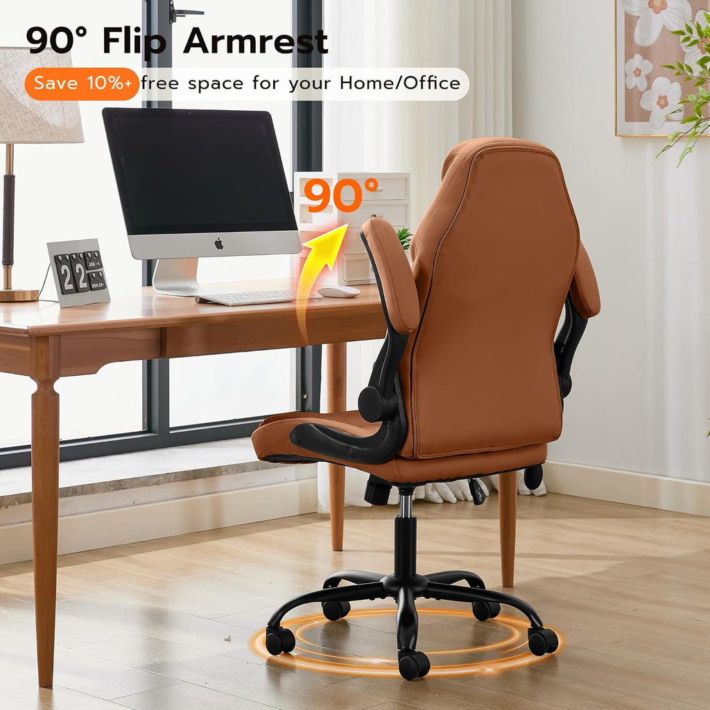 Ylzyxal Office Desk Chair, Ergonomic Computer Chair with Padded Flip-Up Arms and Adjustable Lumbar Support, PU Leather Executive Chair with Tilt Lock and 360° Swivel Rolling Wheels for Work, Study