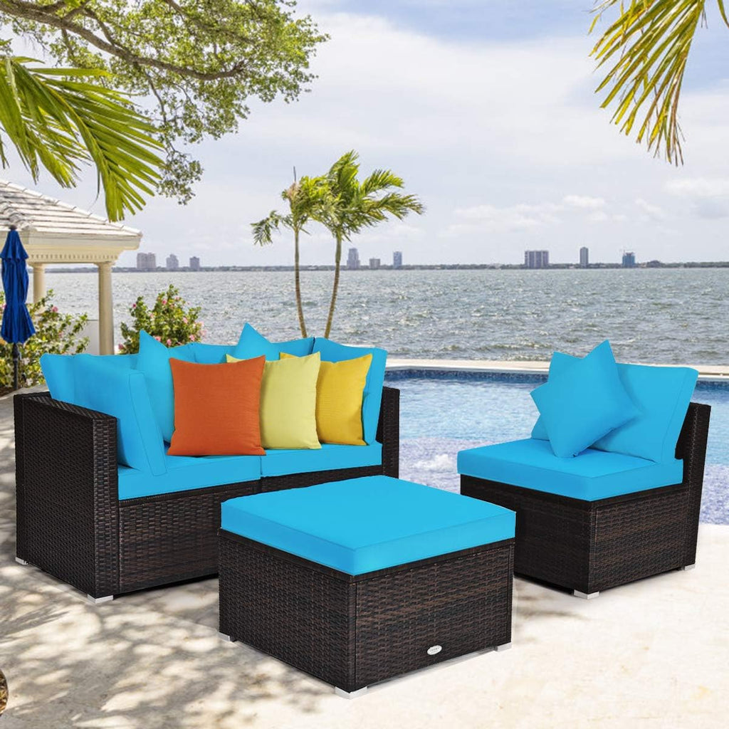 Tangkula 4 Pieces Patio Furniture Set, All Weather Outdoor Sectional Rattan Sofa Set w/Removable Cushions & Pillows, Wicker Conversation Set with Heavy-Duty Steel Frame for Backyard Garden Poolside
