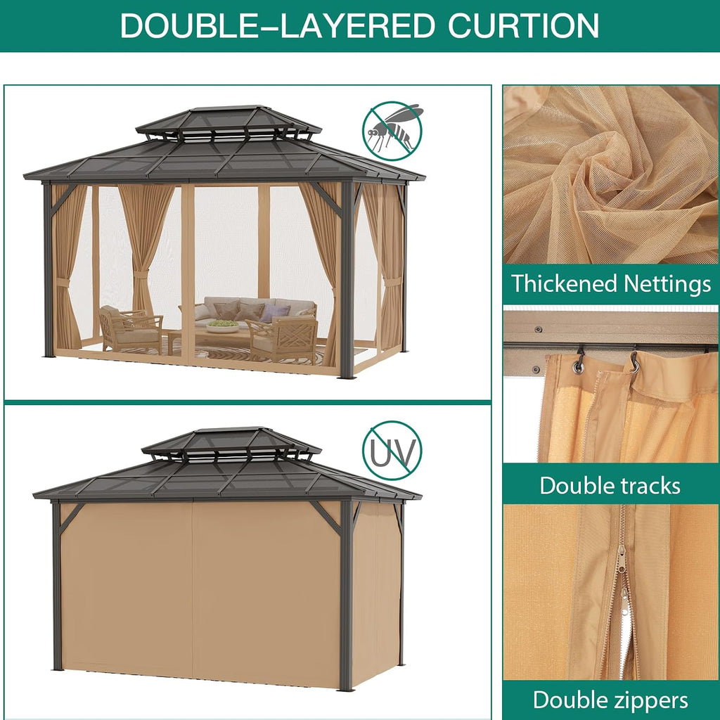 GAOMON 10x13ft Hardtop Gazebo, Outdoor Polycarbonate Double Roof Canopy, Aluminum Frame Permanent Pavilion with Curtains and Netting for Garden, Patio, Lawns (Brown)