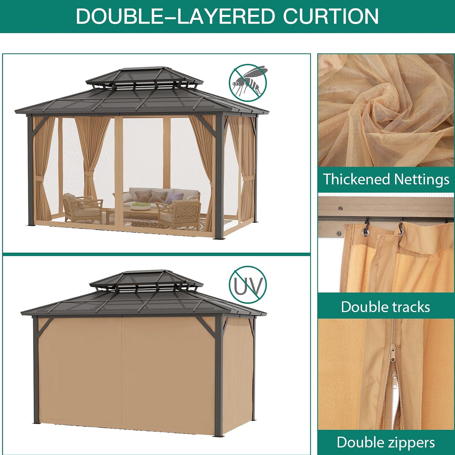 GAOMON 10x13ft Hardtop Gazebo, Outdoor Polycarbonate Double Roof Canopy, Aluminum Frame Permanent Pavilion with Curtains and Netting for Garden, Patio, Lawns (Brown)