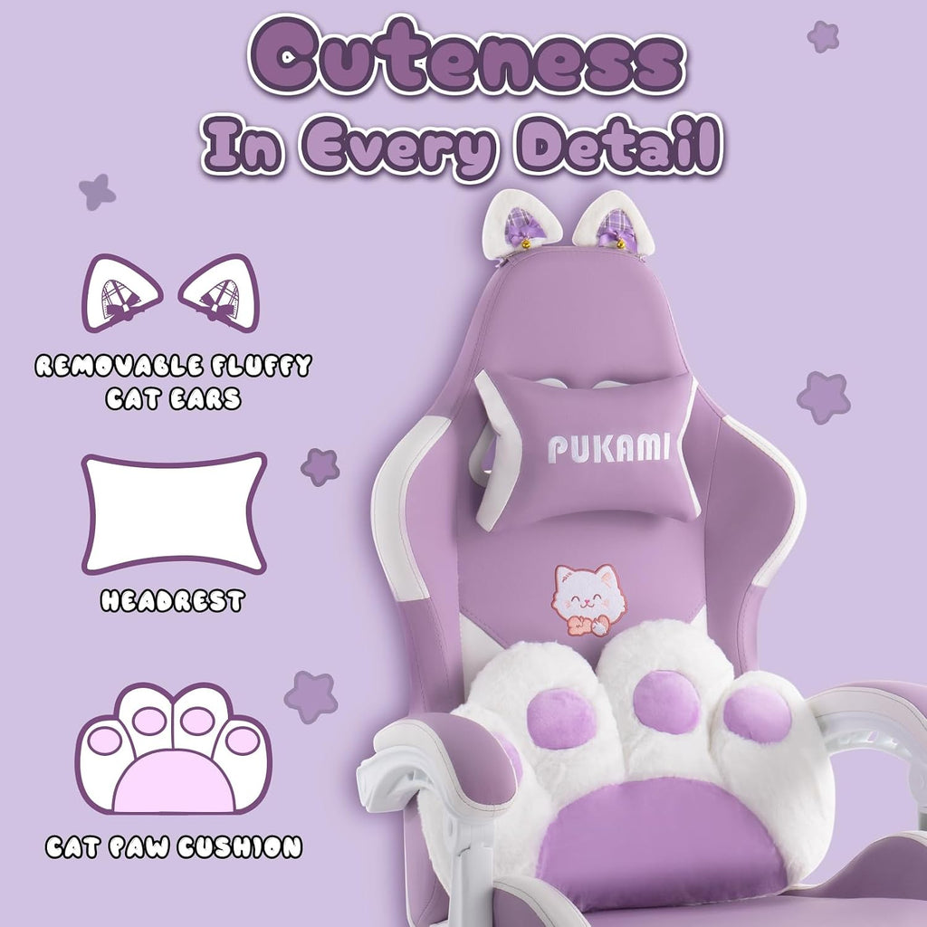 PUKAMI Gaming Chair with Cat Ears,Cute Computer Chair for Girl with Footrest,Ergonomic Gamer Chair, Kawaii Gaming Chair, Game Chair (Purple)