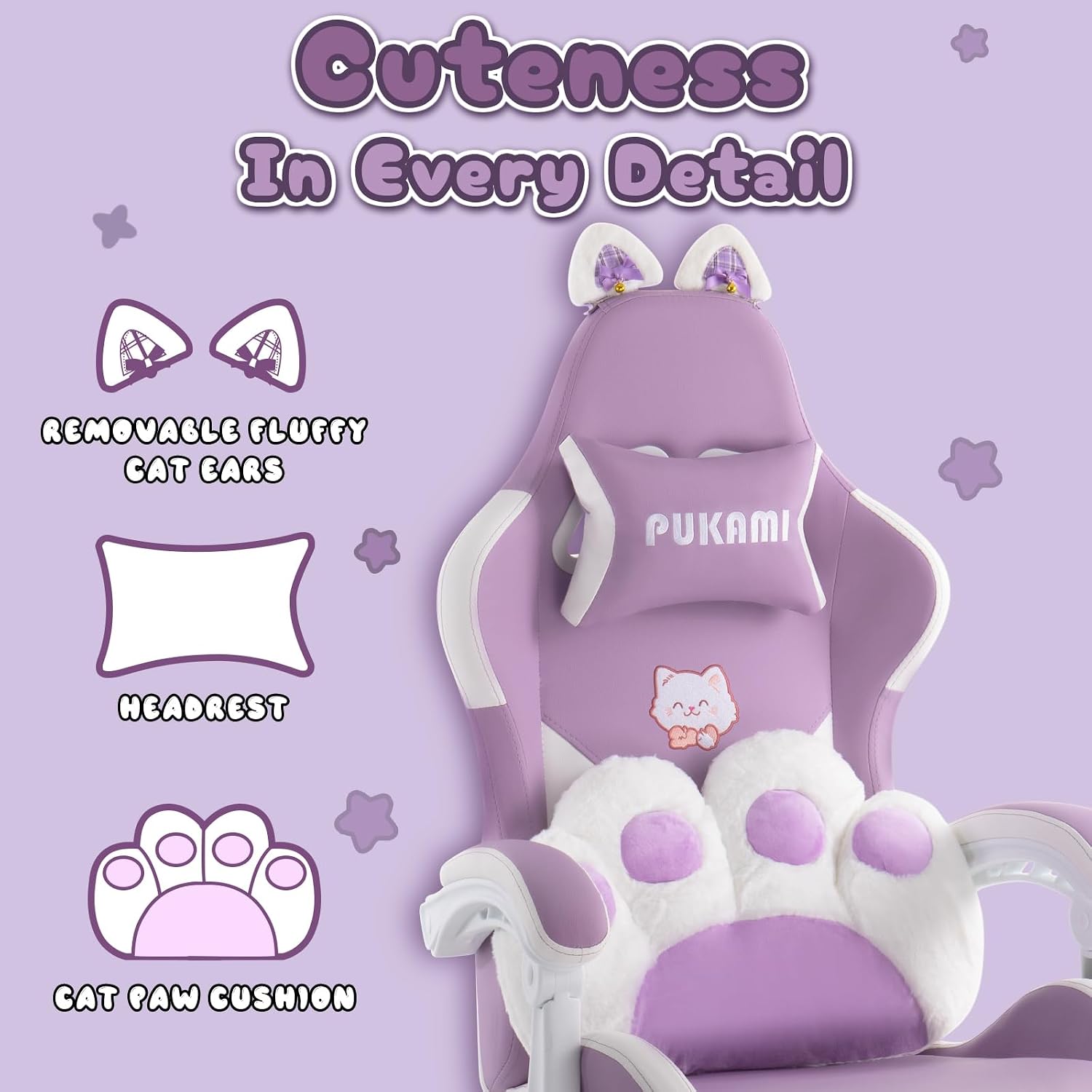 PUKAMI Gaming Chair with Cat Ears,Cute Computer Chair for Girl with Footrest,Ergonomic Gamer Chair, Kawaii Gaming Chair, Game Chair (Purple)
