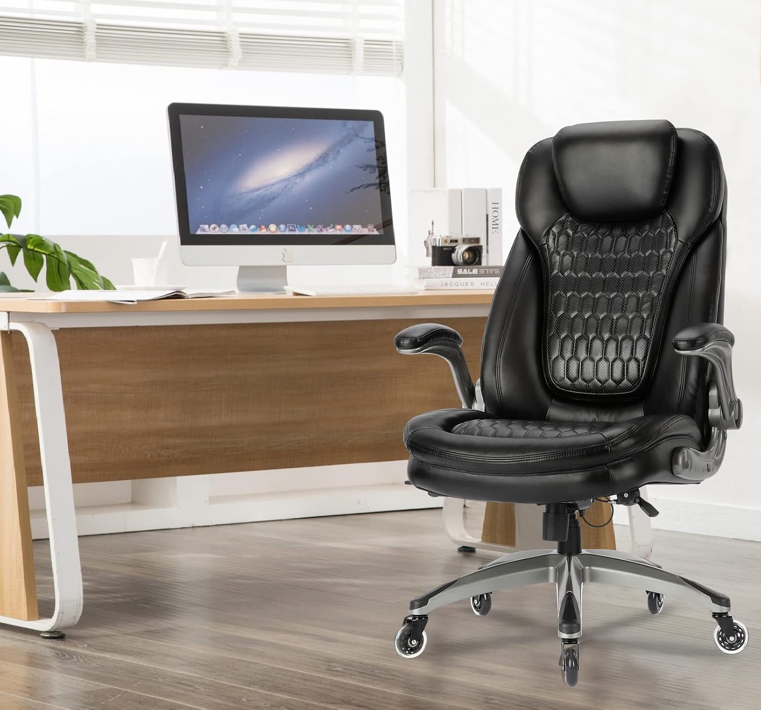 COLAMY Executive Office Chair, Bonded Leather Desk Chair with Flip-Up Arms, Lumbar Support, Ergonomic Tilt & Tension Control for Home Office