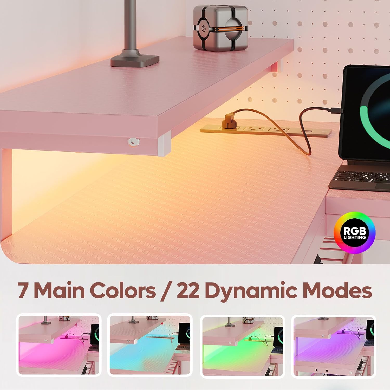 Bestier 52' Gaming Desk with Integrated Power Outlet & USB Ports, L-Shaped Computer Desk with LED Strip & Headphone Hooks, Perfect for Home Office Pink