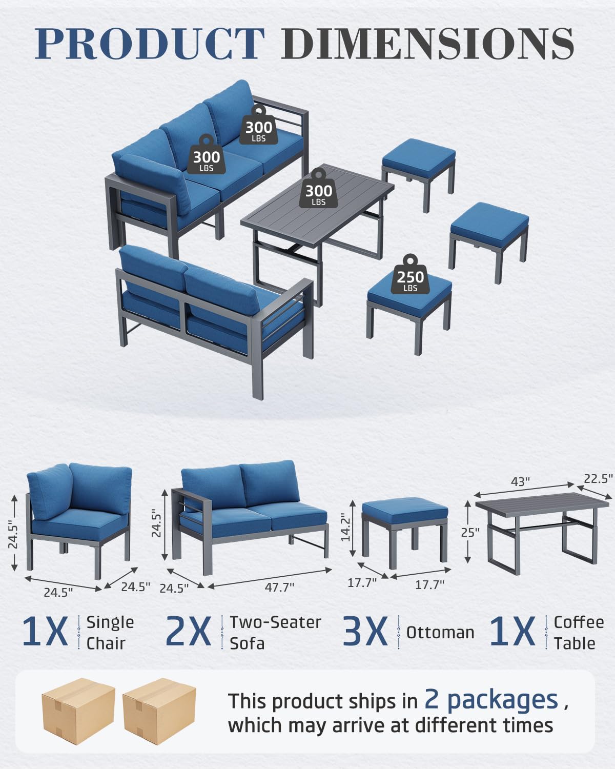 AECOJOY Aluminum Patio Furniture Set, 8 Seats Modern Outdoor Furniture with Adjustable Table, 7 Pieces Metal Conversation Sectional Sofa, Blue