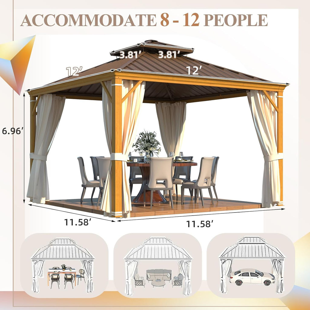 YOLENY 12'x12' Hardtop Gazebo, Wood Grain Aluminum Frame Canopy with Galvanized Steel Double Roof, Outdoor Patio Gazebo with Netting and Curtains for Backyard, Patio, Lawns