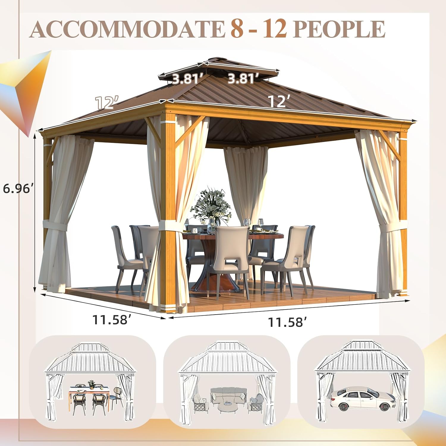 YOLENY 12'x12' Hardtop Gazebo, Wood Grain Aluminum Frame Canopy with Galvanized Steel Double Roof, Outdoor Patio Gazebo with Netting and Curtains for Backyard, Patio, Lawns