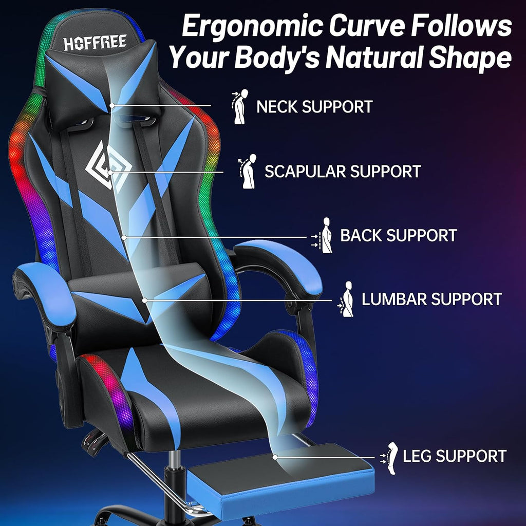 HOFFREE RGB Gaming Chair with Speakers and Massage Ergonomic Computer Chair with Lights and Footrest Reclining Video Game Chairs for Adults Blue and Black
