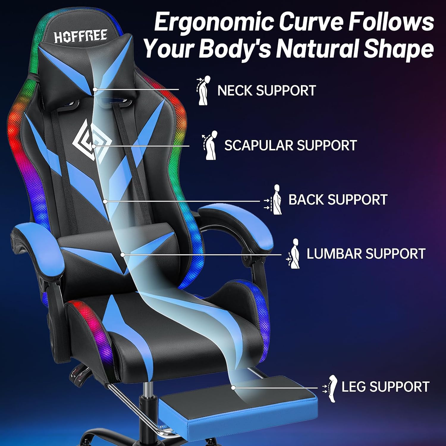 HOFFREE RGB Gaming Chair with Speakers and Massage Ergonomic Computer Chair with Lights and Footrest Reclining Video Game Chairs for Adults Blue and Black