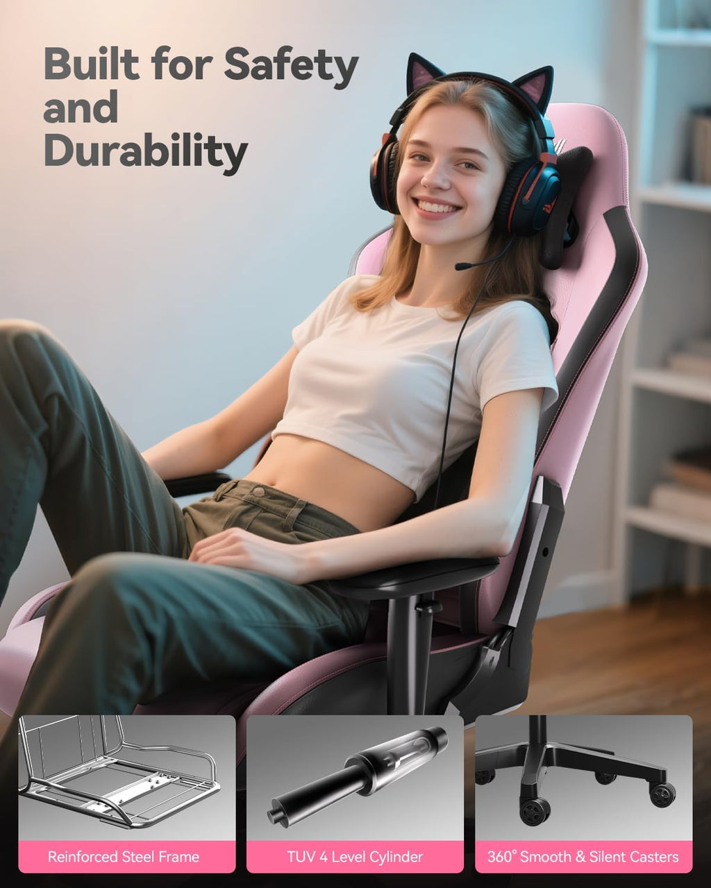 AutoFull C3 Gaming Chair, Racing Style Gaming Chair with Ergonomic Lumbar Support,Adjustable High Back PU Leather PC Chair with Footrest,Pink