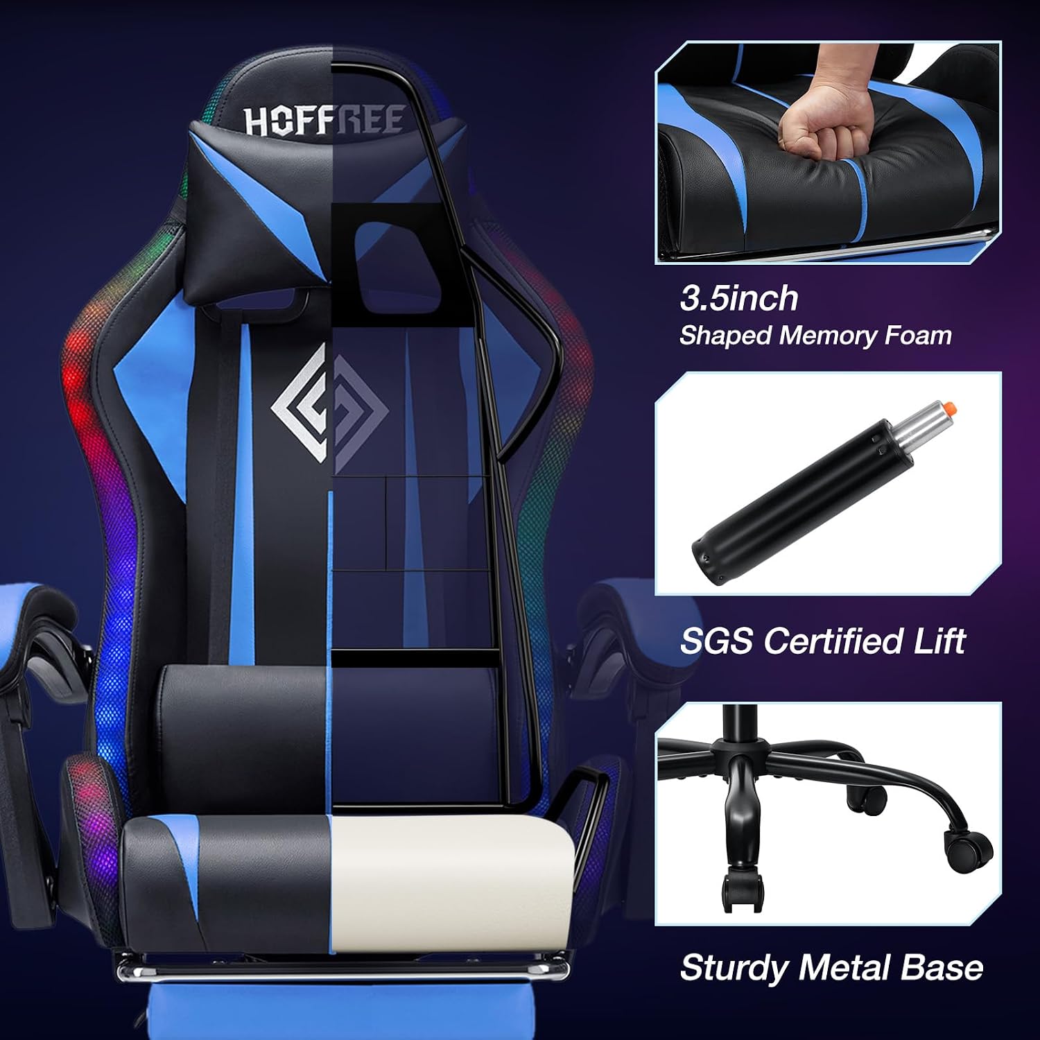 HOFFREE RGB Gaming Chair with Speakers Massage Computer Gaming Chair with LED Lights and Footrest High Back Video Game Chair for Adults Blue and Black