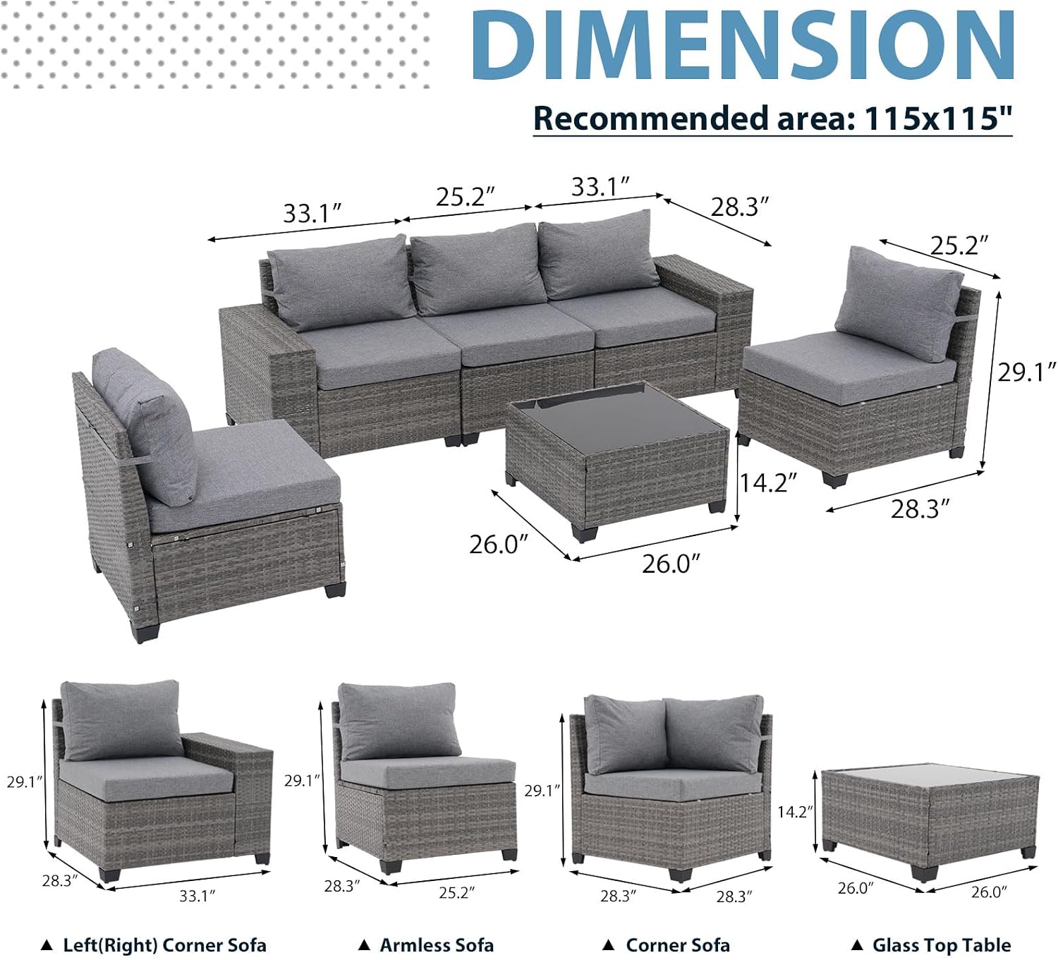 JOIVI 6 Pieces Outdoor Patio Furniture Set, Rattan Patio Conversation Set with Coffee Table, L-Shaped Wicker Outdoor Sectional Sofa Set with Wide Armrest and Cushions for Garden, Deck, Porch, Gray