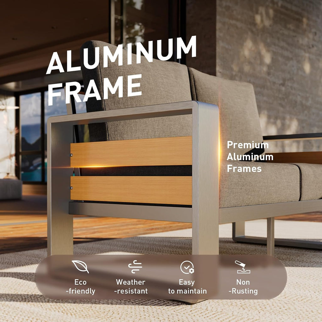 Aoxun Aluminum Patio Furniture Set, 5 Seats Sectional Metal Patio Furniture with Coffee Table, 6'' Thick Cushions and 3-Seat Sofa, Modern Outside Sectional Set for Backyard/Garden/Poolside, Dark Grey