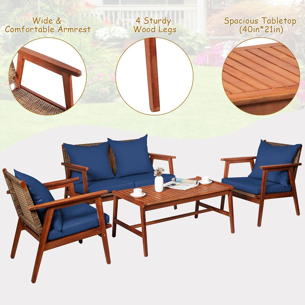 Tangkula 4 PCS Patio Wood Sofa Set, Outdoor Acacia Wood Seating Chat Set with Cushions & Coffee Table, Sectional Conversation Sofa Set for Garden, Backyard, Poolside (1, Blue)