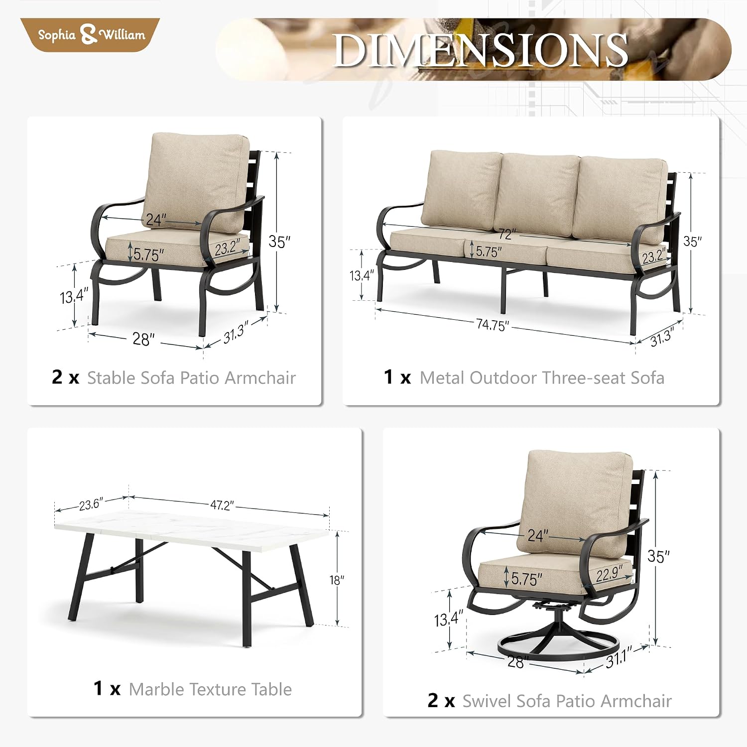 Sophia & William Patio Furniture Sets for 7 Outdoor Conversation Set 6 Pcs with 4 x Armrest Cushioned Sofa Chairs, 1 x 3-Seat Sofa, 1 Marbling Metal Coffee Table Garden Backyard Poolside Beige