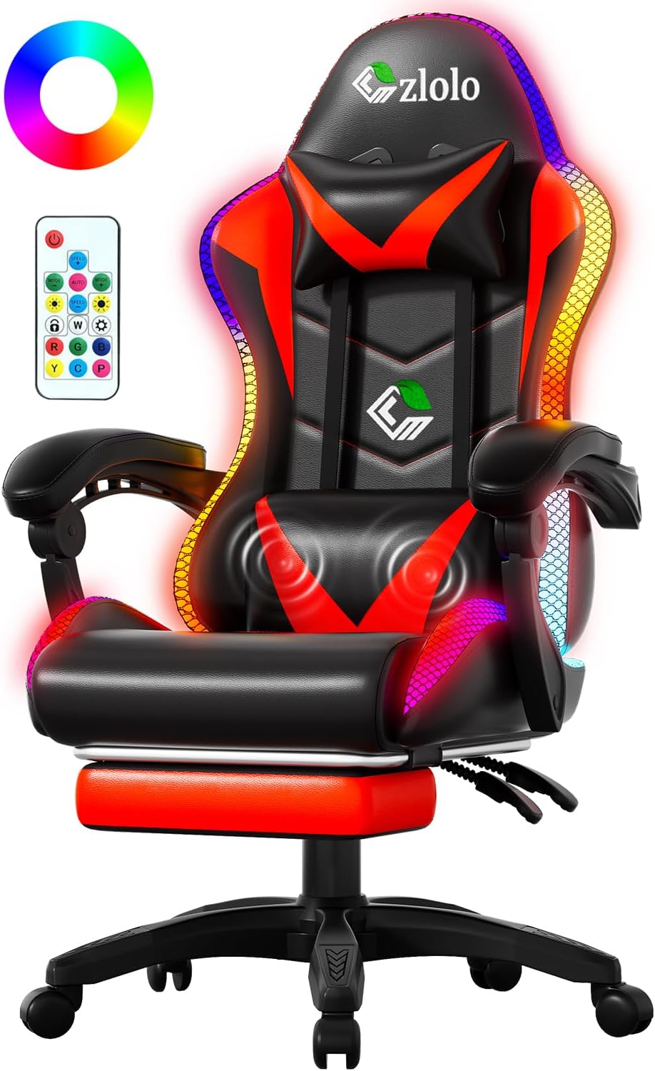 Czlolo Gaming Chair, RGB LED Lights Computer Chair with Footrest, Lumbar Support Massager Gamer Chair, High Back, 90-135° Reclining, Linkage Armrests, Red