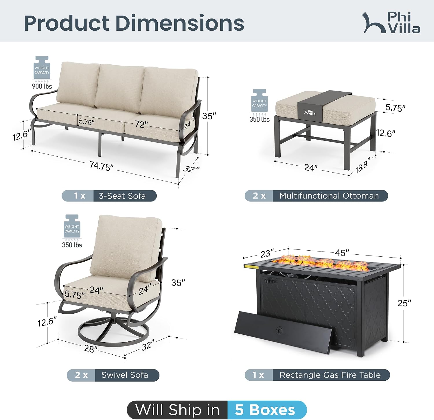 PHI VILLA Patio Furniture Set with FirePit Table, Outdoor Furniture with 1 x 72 Deep Seating Sofa Bench, 1 x 45 Gas Firepit Table, 2 x Swivel Sofa Chairs, 2 x Metal Cushioned Ottoman