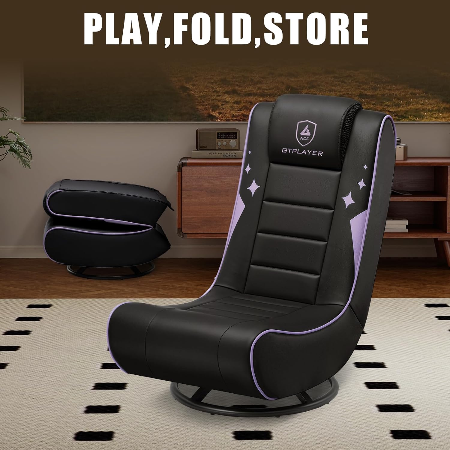 GTPLAYER Floor Gaming Chair Foldable Swivel Floor Chairs for Kids Boys Comfy Video Game Seat with 360° Multipurpose for Gamers, Bedroom or Game Room (Purple)