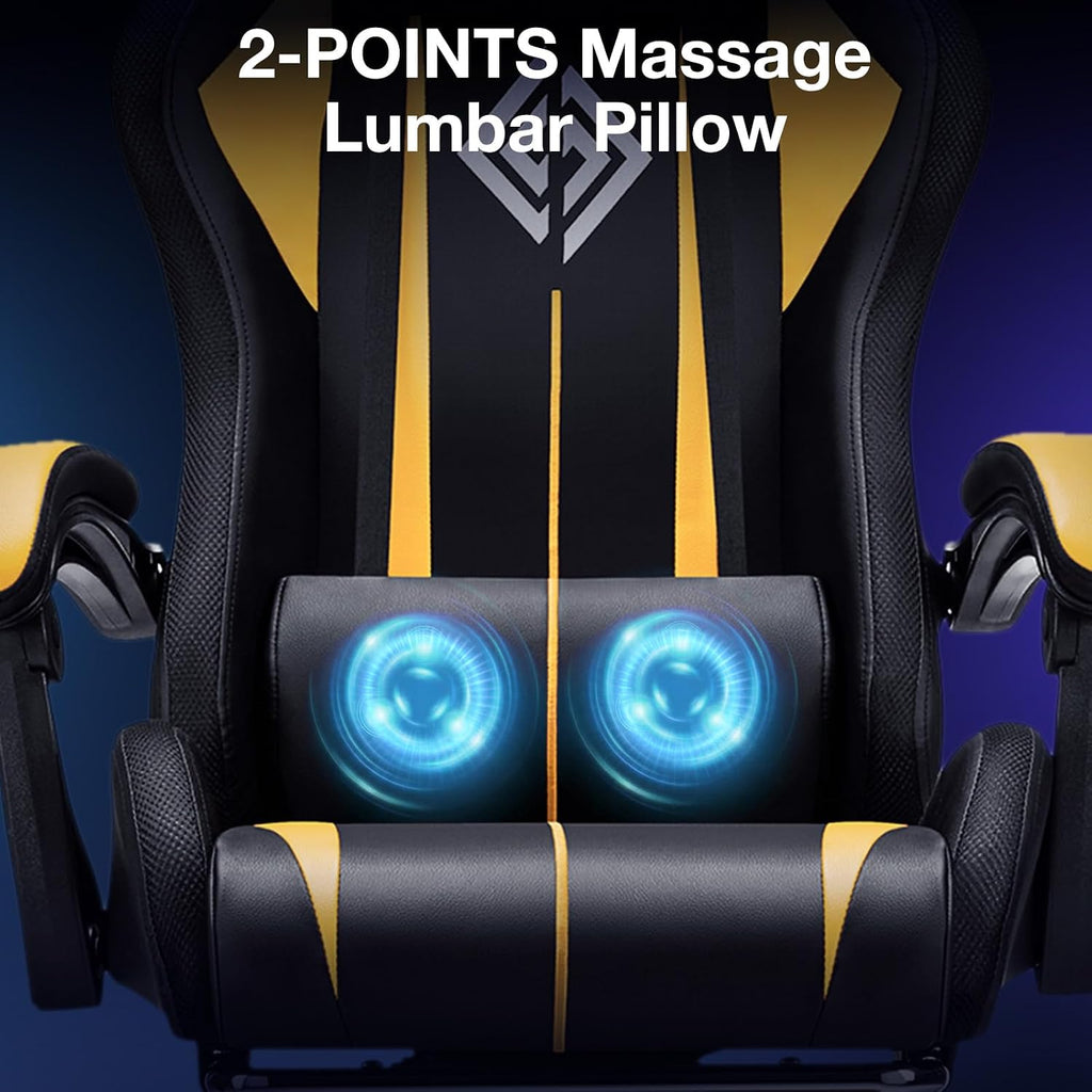 Gaming Chair with Bluetooth Speakers and LED RGB Lights Ergonomic Massage Computer Gaming Chair with Footrest High Back Music Video Game Chair with Lumbar Support Yellow and Black