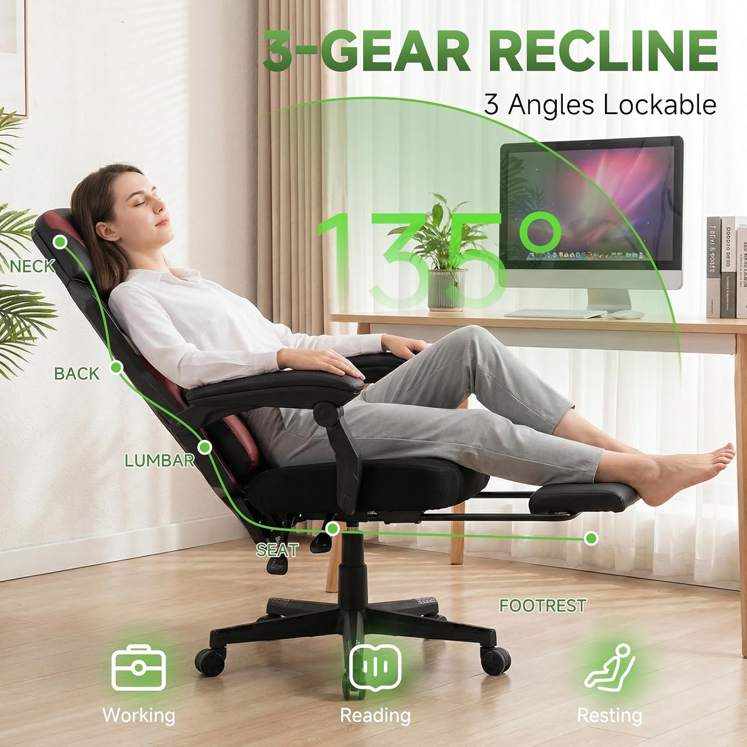 GTPLAYER Gaming Chair, Mesh Office Chairs with Footrest for Adults, Big and Tall Gamer Ergonomic Computer Chair with Height Adjustable (Red)