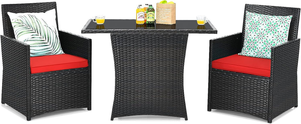 Tangkula 3 Pieces Patio Dining Set, Space-Saving PE Rattan Bistro Set with Tempered Glass Top Table and Cushioned Chairs, Outdoor Conversation Set for Garden Backyard Poolside Porch (Red)