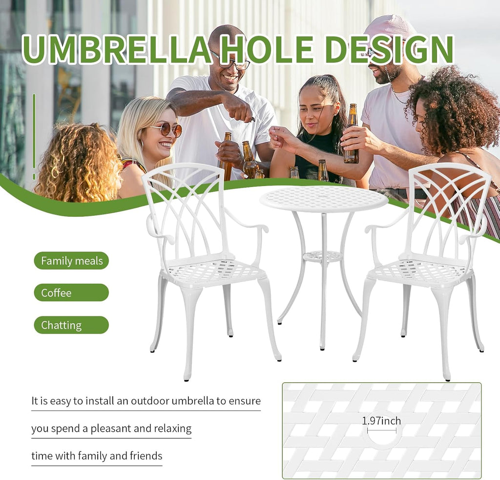 Patio Bistro Set 3 Piece with Umbrella Hole, Outdoor Bistro Table and Chairs Set of 2, Patio Bistro Set 3 Piece White, Cast Aluminum Furniture for Park Yard Front Porch