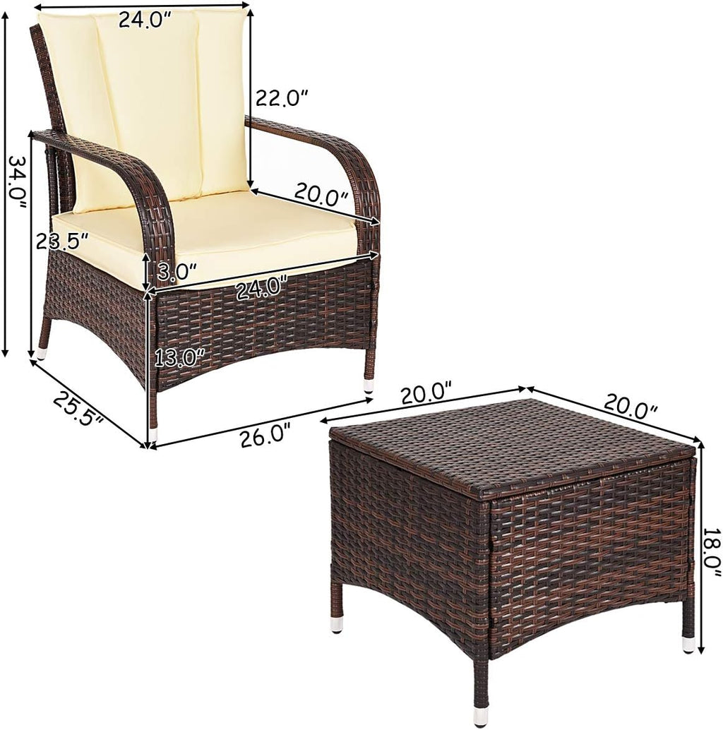 Tangkula 3 Piece Patio Furniture Set, 2 Wicker Chairs with Glass Top Coffee Table, Outdoor Garden Porch Poolside Furniture Set for 2, Rattan Conversation Set
