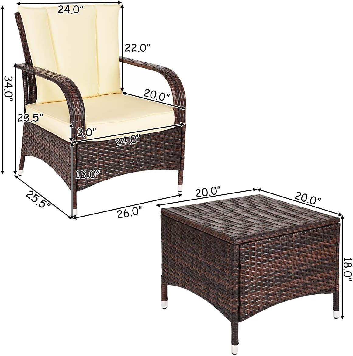 Tangkula 3 Piece Patio Furniture Set, 2 Wicker Chairs with Glass Top Coffee Table, Outdoor Garden Porch Poolside Furniture Set for 2, Rattan Conversation Set