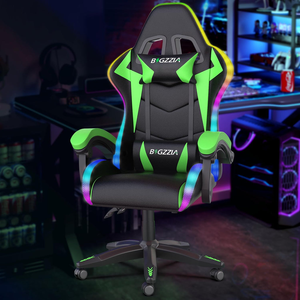 Racingreat Gaming Chair with RGB LED Lights, Ergonomic Computer Chair with Headrest and Lumbar Support, PU Leather High Back Height Adjustable Swivel Video Game Chairs for Adults(Green)