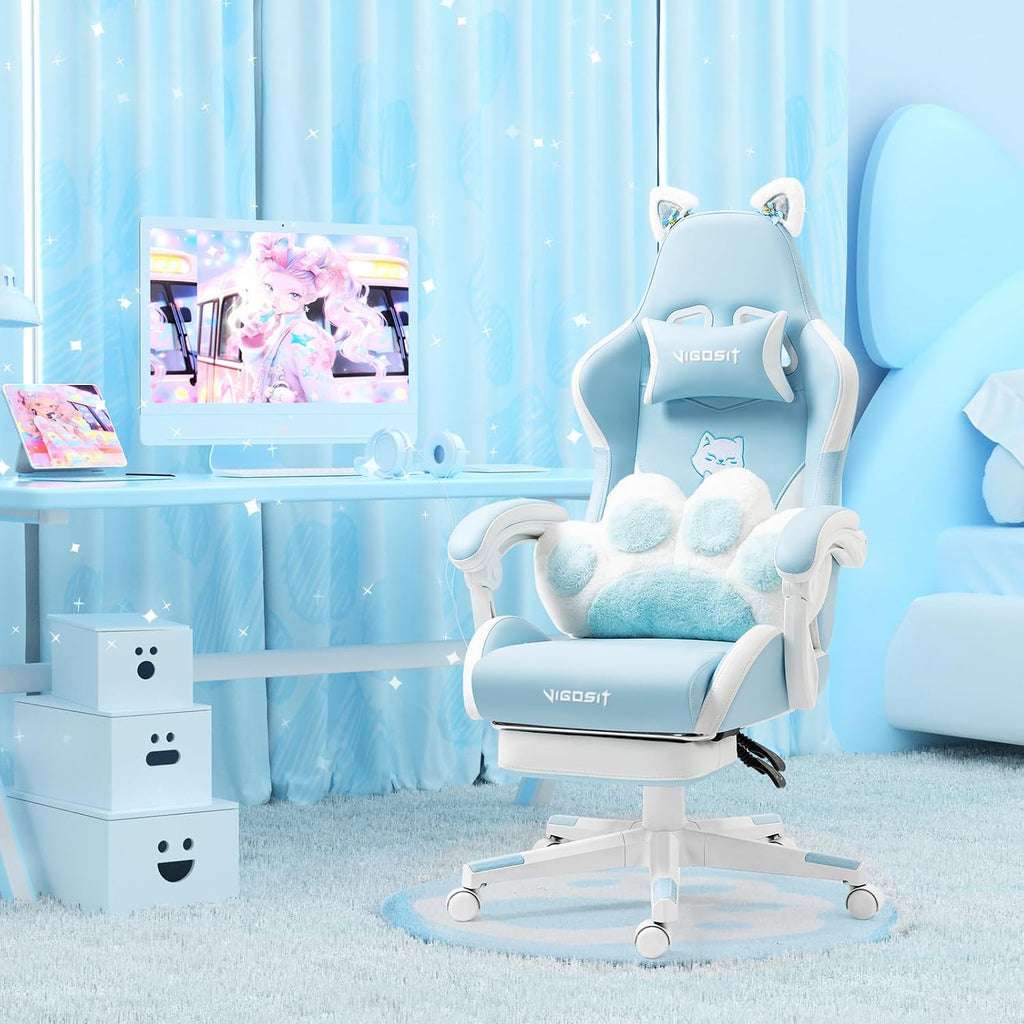 Vigosit Cat Ears Gaming Chair - Ergonomic PU Leather Office Chair, Cute Chair with Footrest for Adult 310lbs Capacity, 90°-155° Reclining paw Pillow, Blue