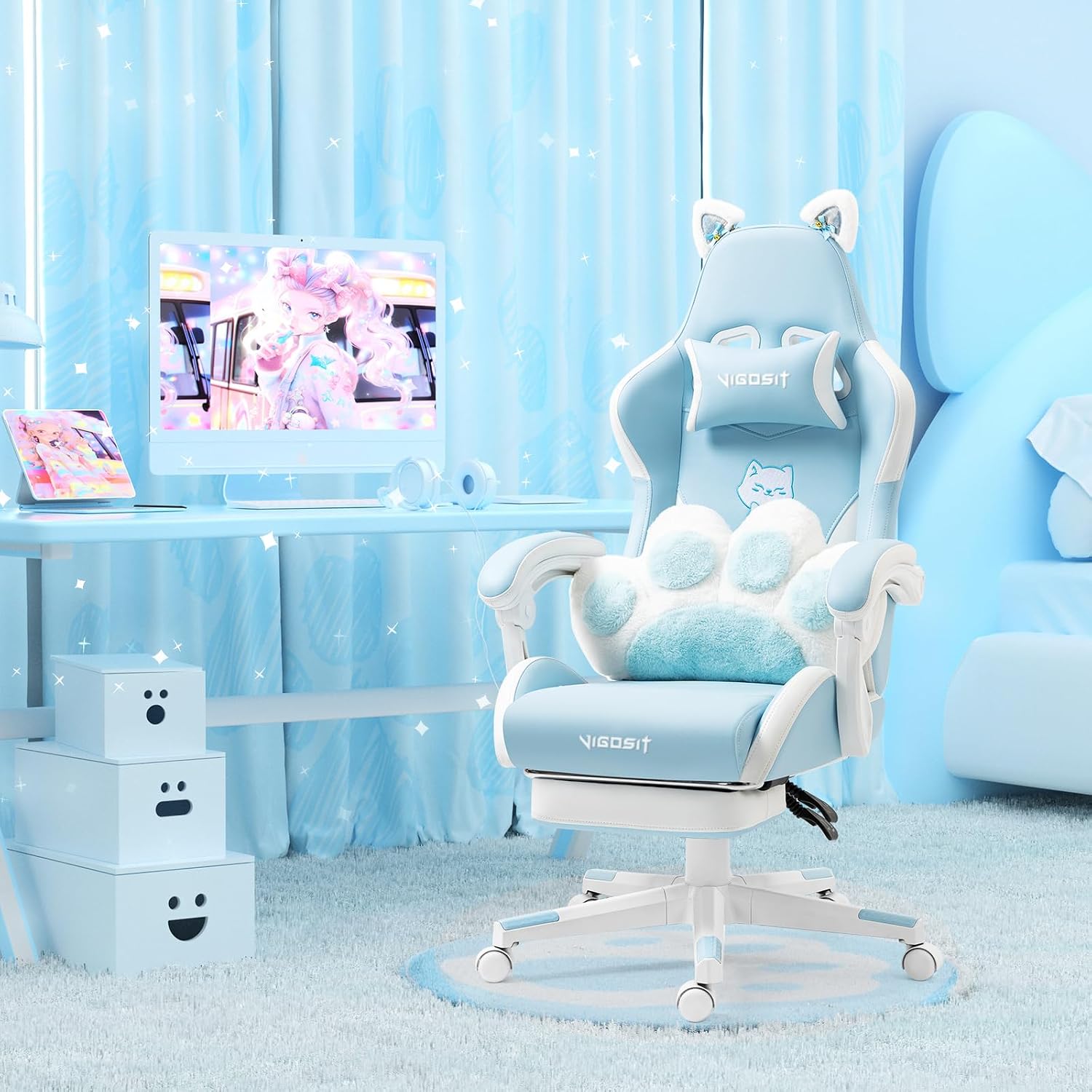 Vigosit Cat Ears Gaming Chair - Ergonomic PU Leather Office Chair, Cute Chair with Footrest for Adult 310lbs Capacity, 90°-155° Reclining paw Pillow, Blue