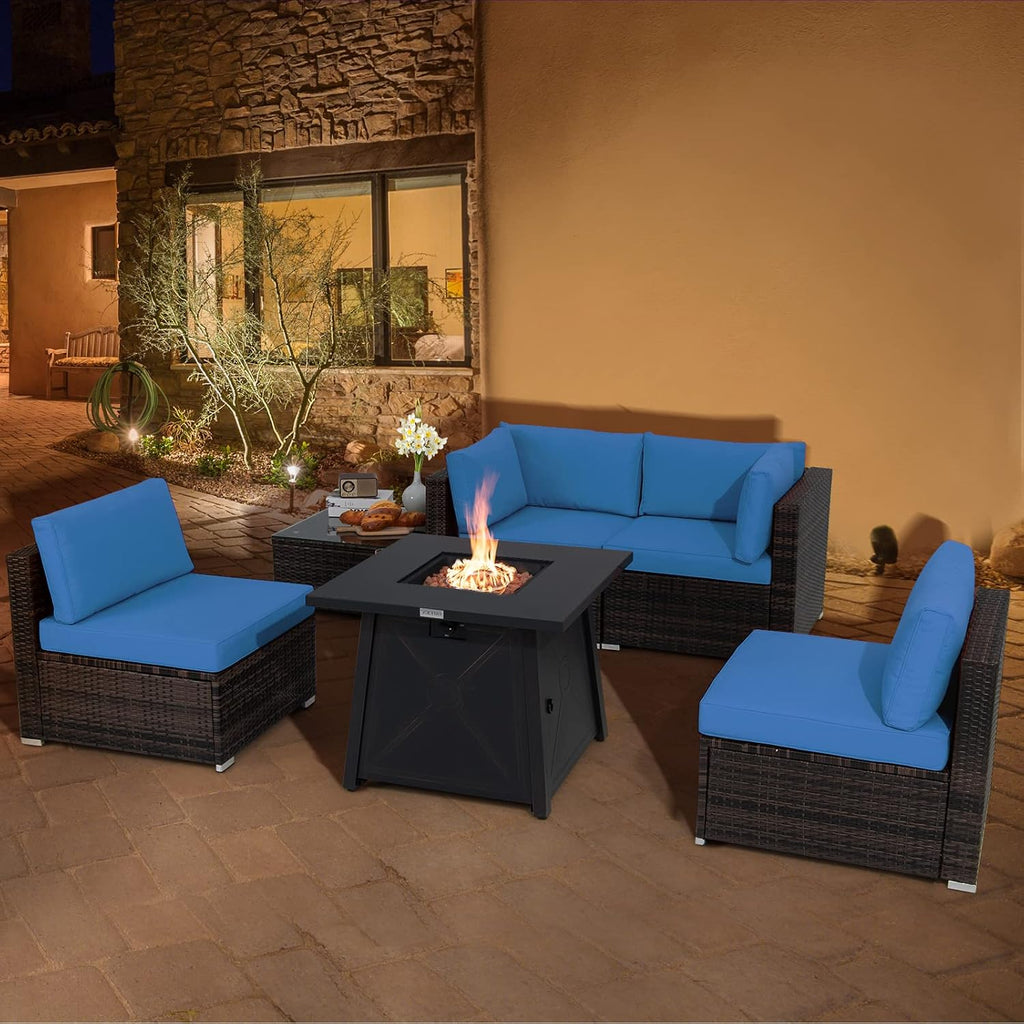 Tangkula 6-Piece Patio Furniture Set with 30' Propane Fire Pit Table, Outdoor PE Wicker Conversation Set with Cushions and Tempered Glass Coffee Table, Gas Fire Pit Table with 50,000 BTU (Navy)