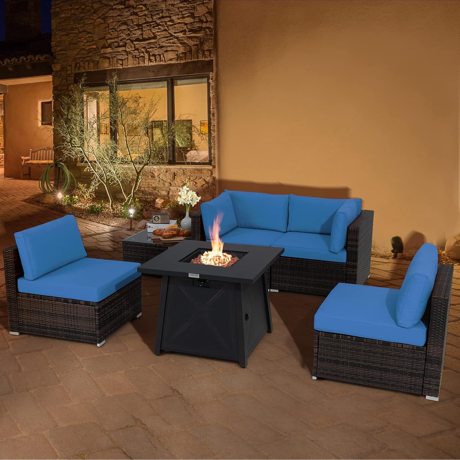 Tangkula 6-Piece Patio Furniture Set with 30' Propane Fire Pit Table, Outdoor PE Wicker Conversation Set with Cushions and Tempered Glass Coffee Table, Gas Fire Pit Table with 50,000 BTU (Navy)