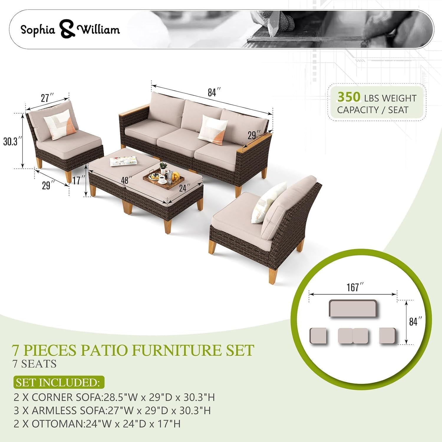 Sophia & William 7 Piece Patio Furniture Sets, Sectional Outdoor Rattan Wicker Sofa, All Weather Patio Conversation Set for Deck Backyard Lawn, Outdoor Couch, Beige