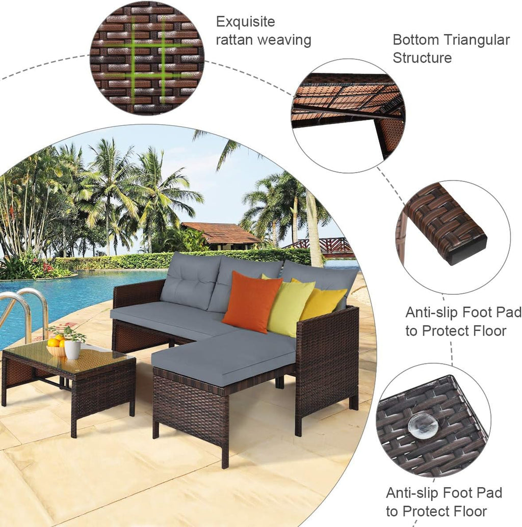 Tangkula Patio Corner Sofa Set 3 Piece, Outdoor Rattan Sofa Set, Includes Lounge Chaise, Loveseat & Coffee Table, Patio Garden Poolside Lawn Backyard Furniture