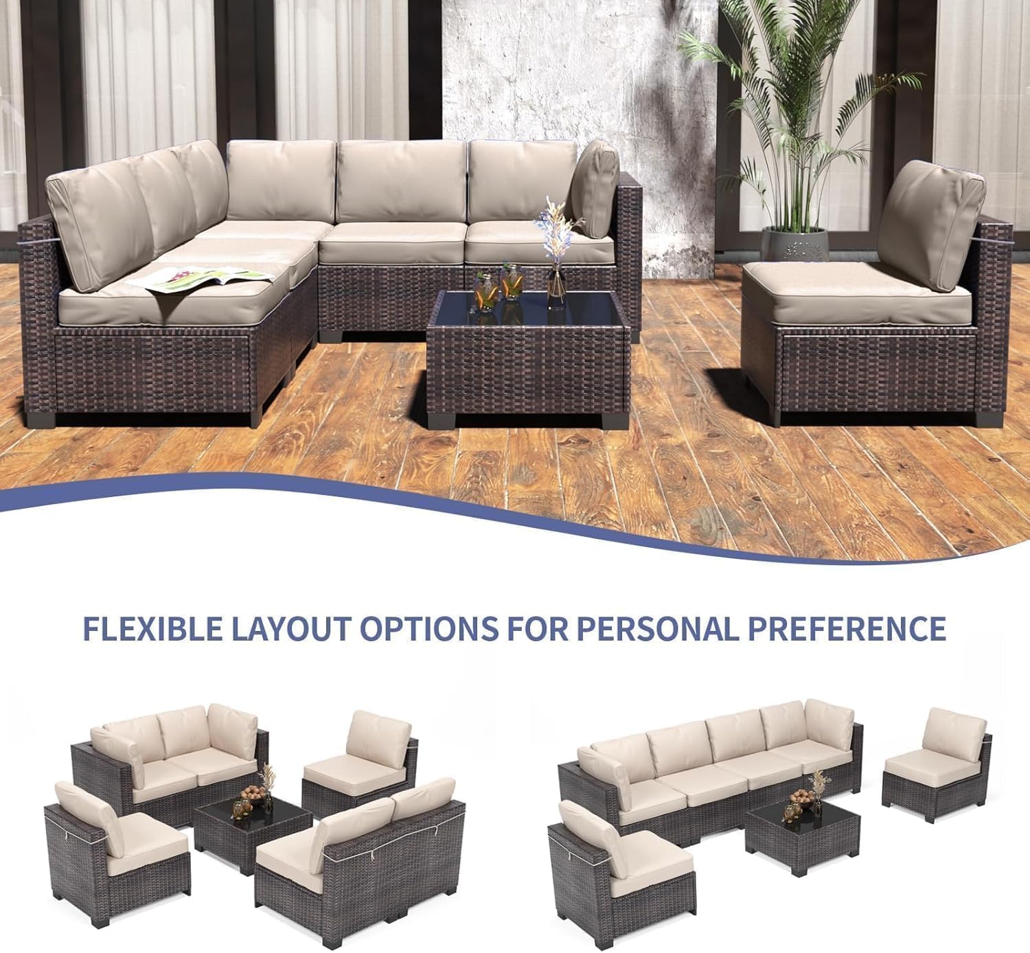 Garvee 7 Pieces Outdoor Patio Furniture Set, Rattan Wicker Sofa Set with Soft Cushions and Coffee Table, All-Weather Outdoor Furniture for Garden, Porch, Poolside, Brown&Beige