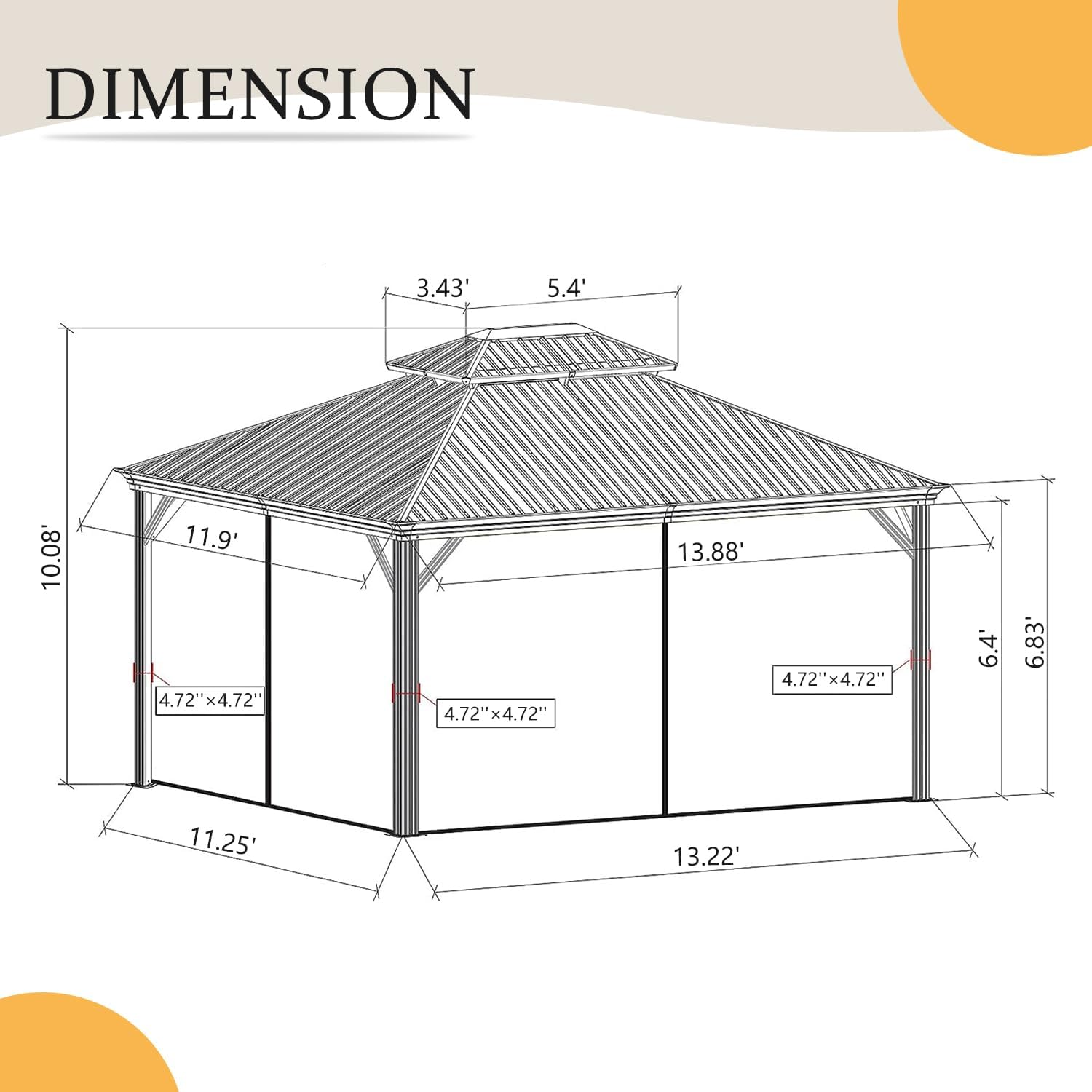 Domi Hardtop Gazebo 10x12FT, Outdoor Gazebo with Galvanized Steel Double Roof, Aluminum Frame, Built-in Gutter System, Curtain and Netting, Metal Gazebo Pavilion for Patio Deck Garden, Brown
